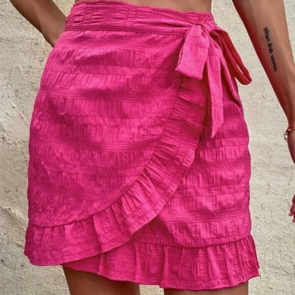 Pink Knot Side Ruffle Trim Wrap Mini Skirt - Picture 4 of 6